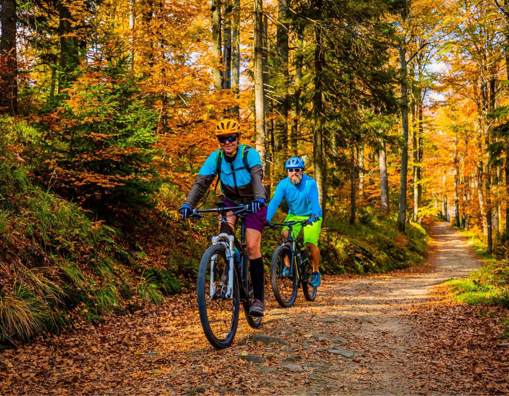 two people mountain biking